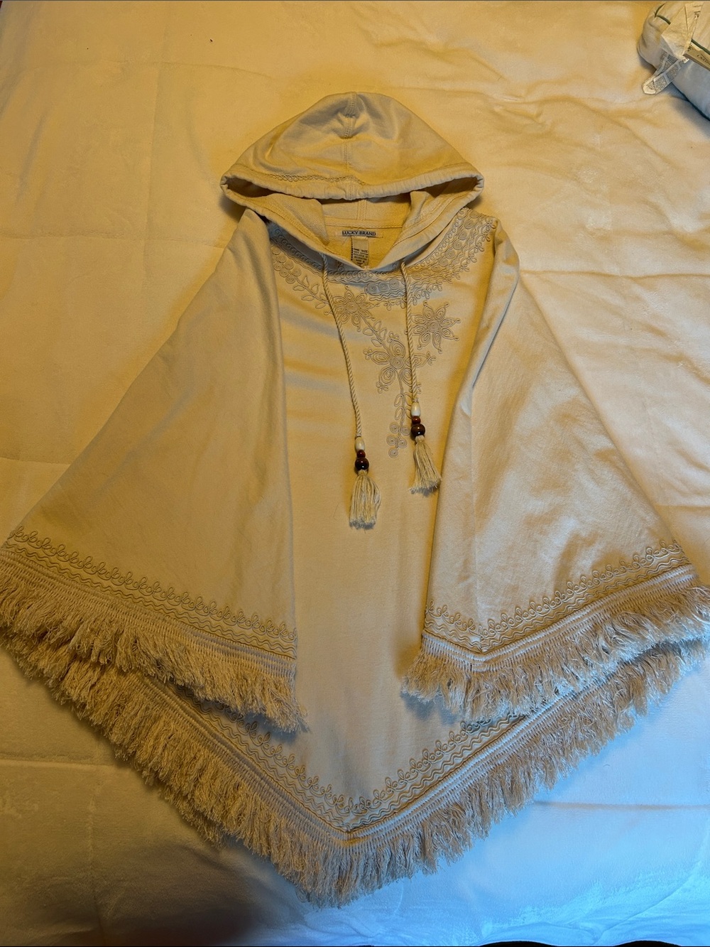 Lucky Brand Cream Embroidered Hooded Fringe Poncho